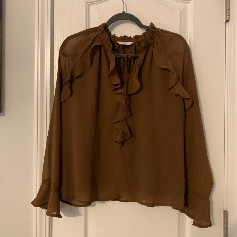 Time &‎ Tru Brown Ruffle Neck Long Sleeve Chiffon Blouse Small